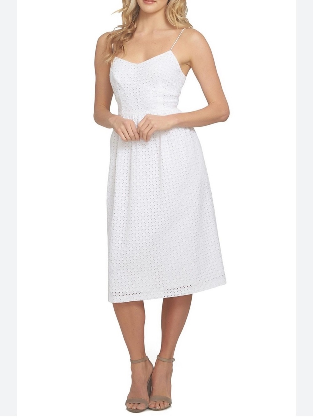 CeCe White Eyelet Spaghetti-Strap Midi Dress